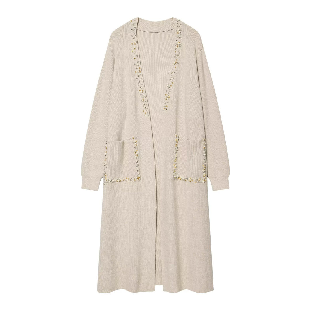 Ladies long knitted cardigan with pearl detailing Amarae