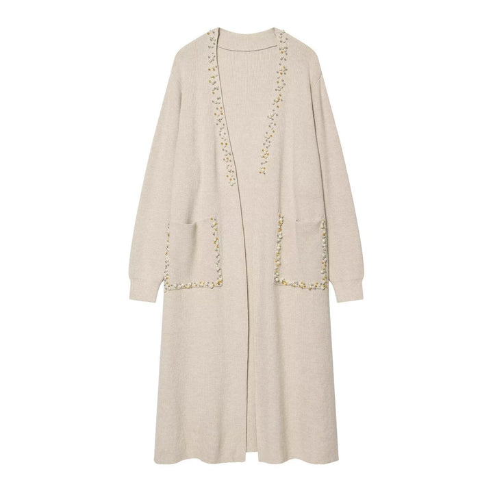 Ladies long knitted cardigan with pearl detailing Amarae