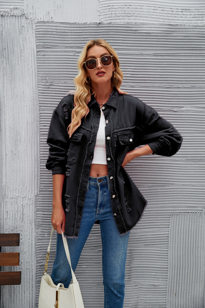 Oversized denim jacket for women with modern distressed details Lune London