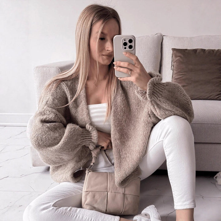 Women's Oversize Knit Cardigan with Voluminous Balloon Sleeves and Teddy-like Texture Amarae