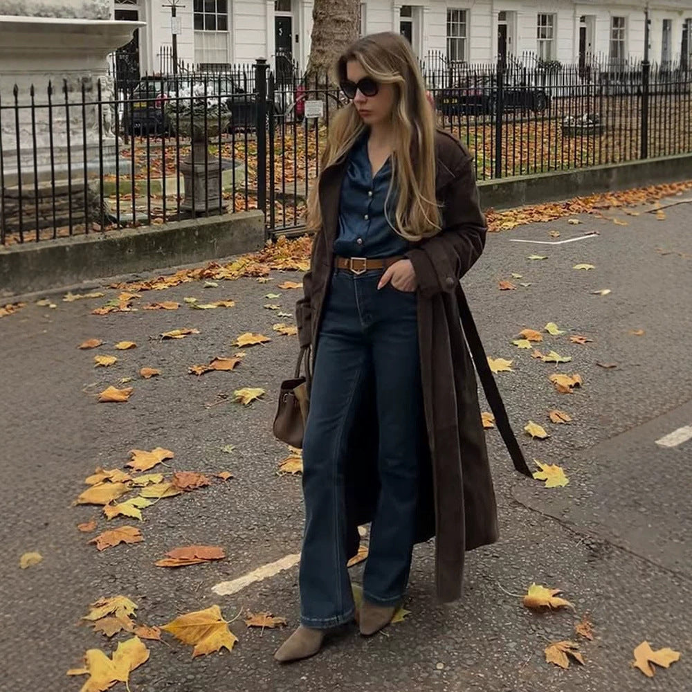 Ladies Long Cut Suede Trench Coat with Oversized Collar and Tie Belt Amarae