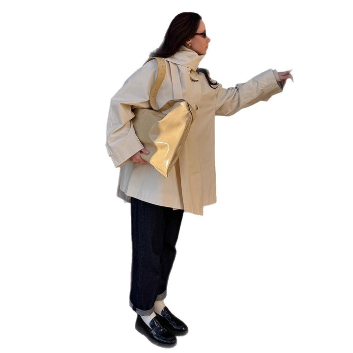 Ladies Short Oversize Trench Coat with High Stand-Up Collar, Concealed Button Placket & Wide Cuffs Amarae