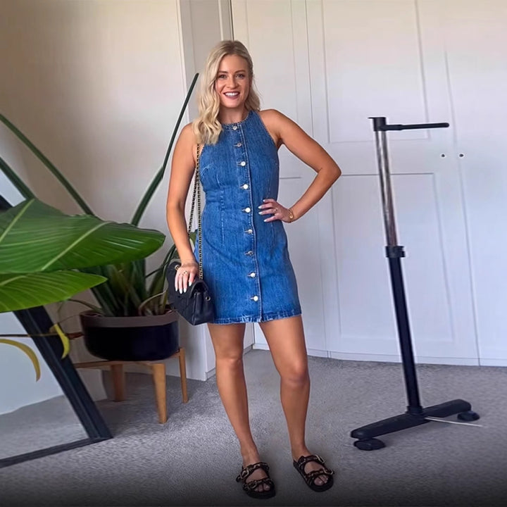 Women's Figure-hugging Sleeveless Denim Mini Dress with Center Button Placket Amarae