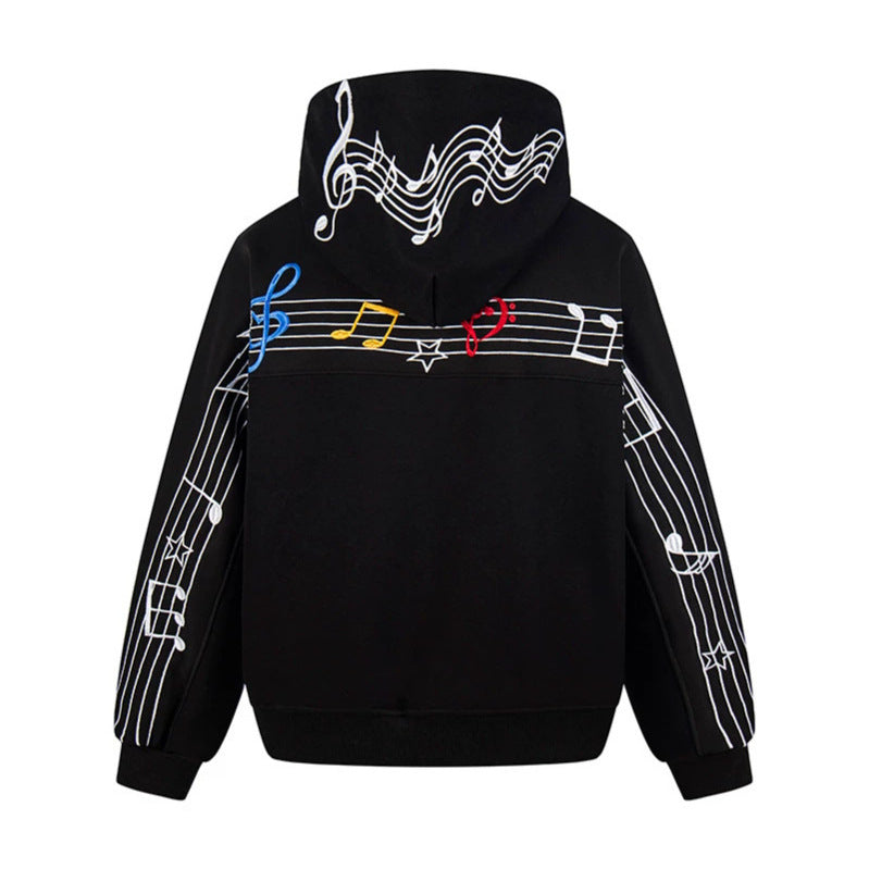 Women's Oversized Hoodie with Musical Notes Embroidery and Ribbed Hem Amarae