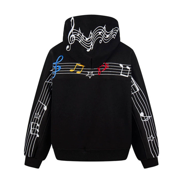 Women's Oversized Hoodie with Musical Notes Embroidery and Ribbed Hem Amarae
