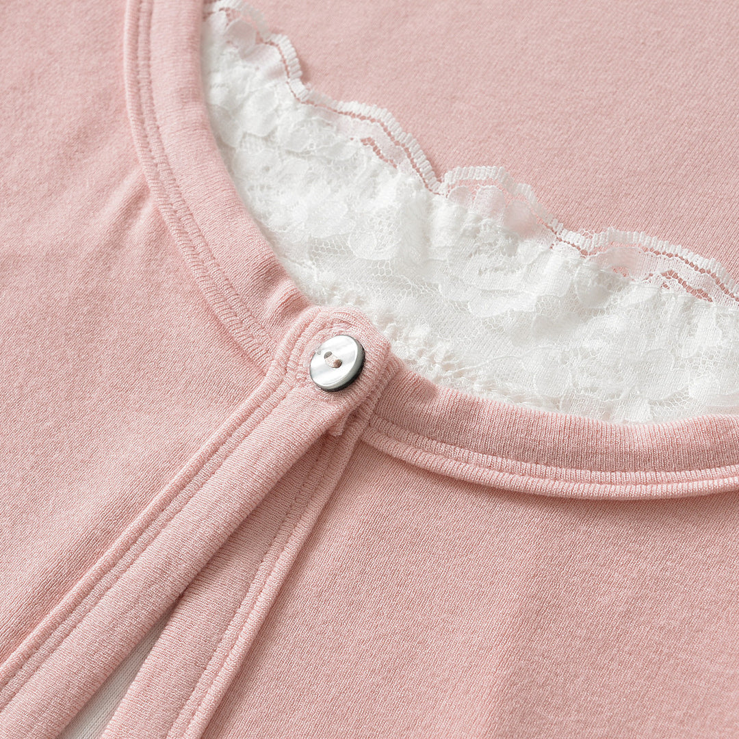 Women's layered cardigan with integrated lace cami and single-button closure Amarae