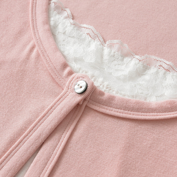Women's layered cardigan with integrated lace cami and single-button closure Amarae