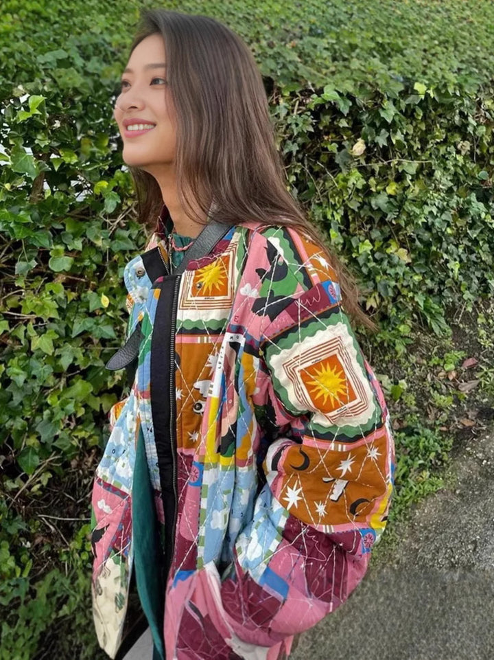 Ladies quilted jacket design with colorful patterns Lune London