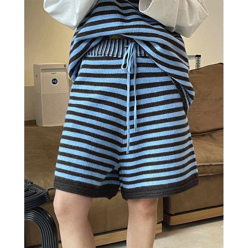Women's Striped Knit Shorts with High Waist and Drawstring Amarae
