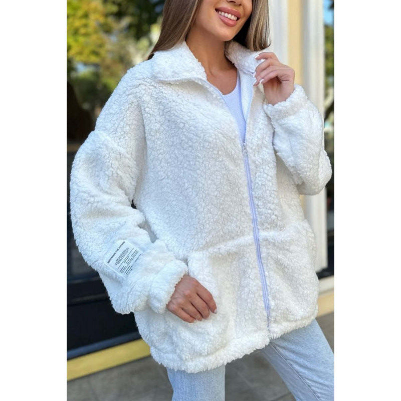 Ladies Plush Fleece Jacket with High Collar and Practical Pockets Lune London