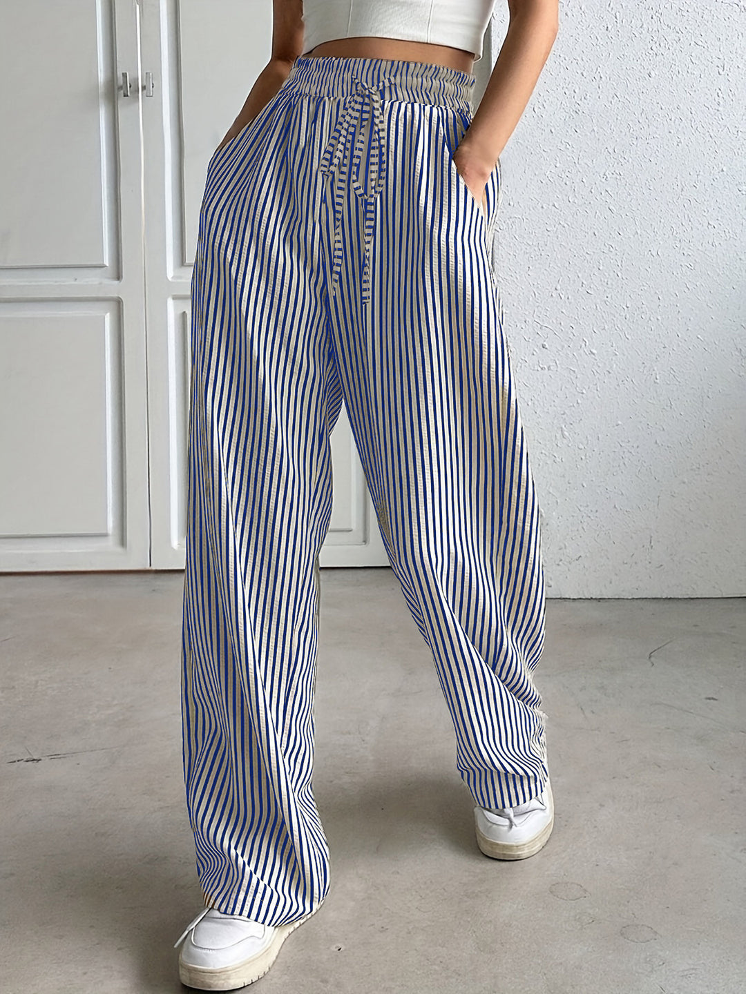Wide striped pants for ladies with elastic waistband and pockets Lune London