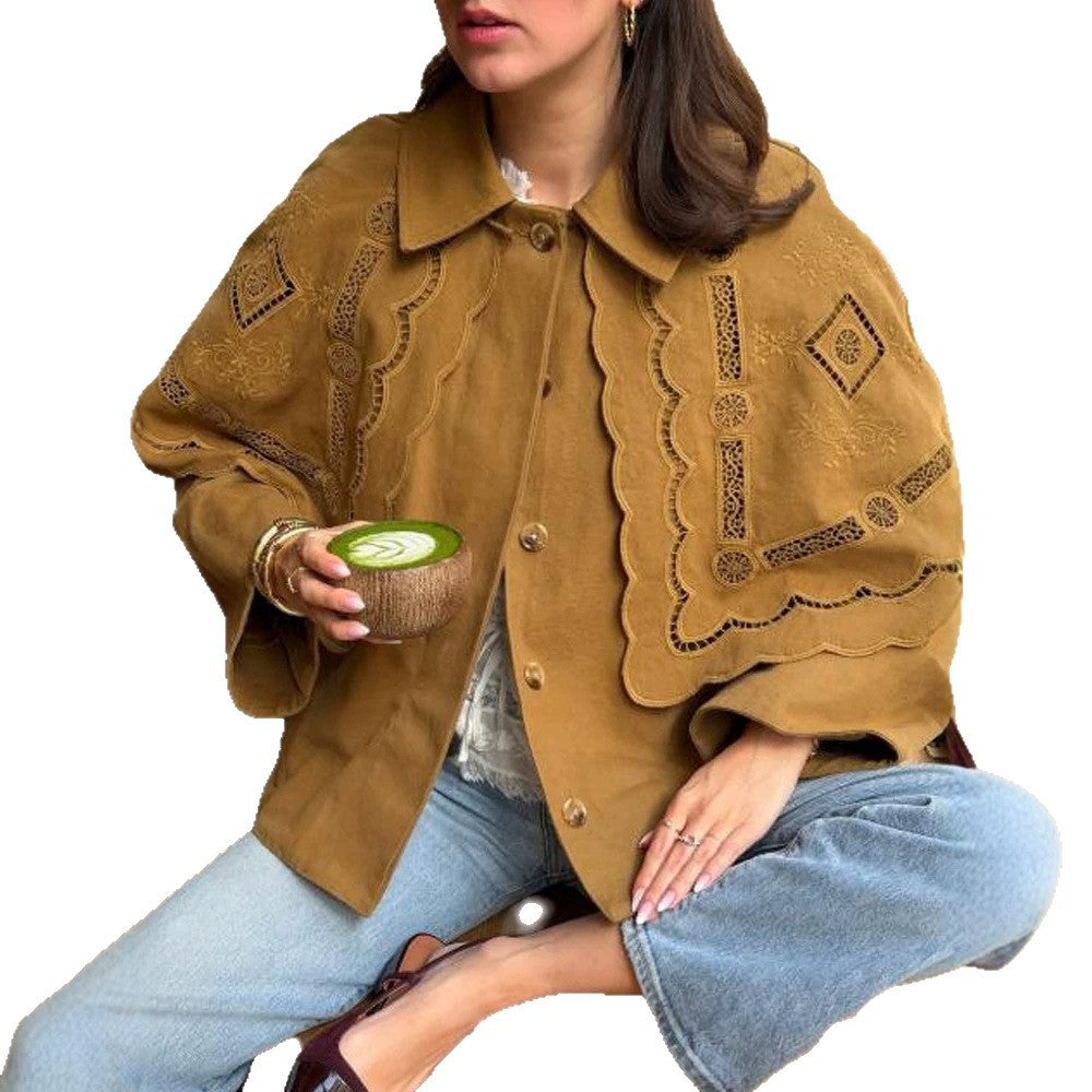 Women's short jacket with embroidered cape, eyelet embroidery and curved hem Amarae