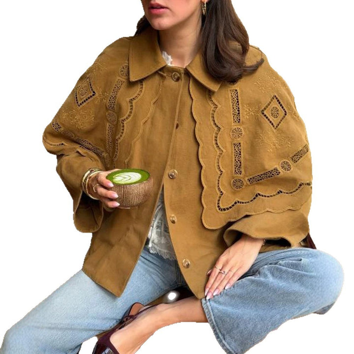 Women's short jacket with embroidered cape, eyelet embroidery and curved hem Amarae