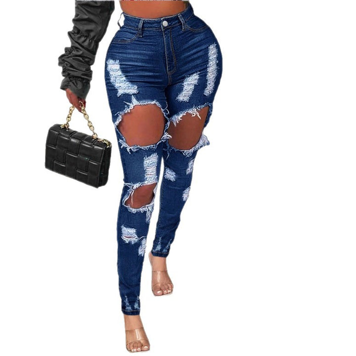 Ladies high-waisted skinny jeans with XXL knee cutouts, heavily distressed used look and sculpting cut Amarae