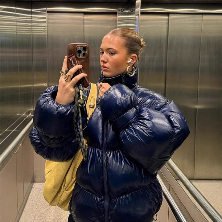 Women's Shiny Oversized Padded Jacket with Hood and High Stand-Up Collar Amarae
