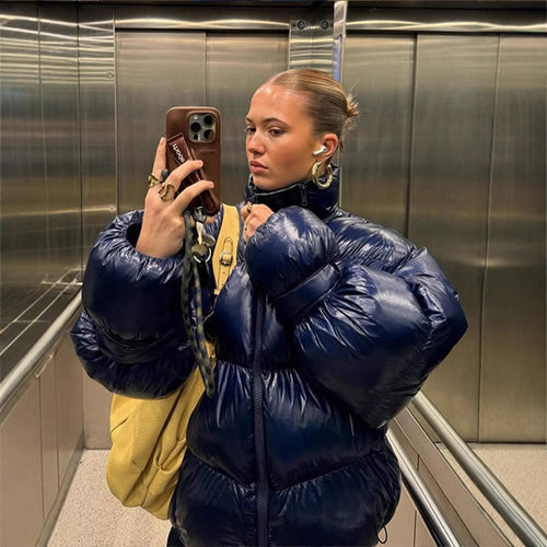 Women's Shiny Oversized Padded Jacket with Hood and High Stand-Up Collar Amarae