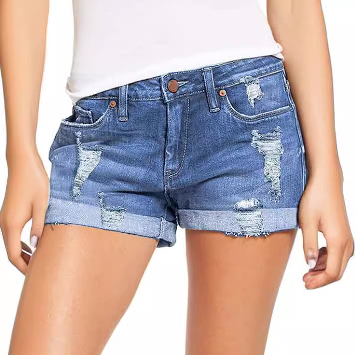 Women's fashionable destroyed denim shorts with rolled hem Lune London