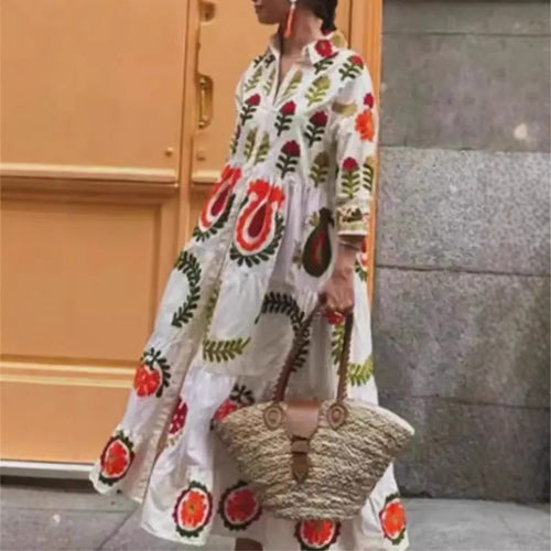 Maxi dress inspired by ethnic style for women with geometric embroidered pattern Amarae
