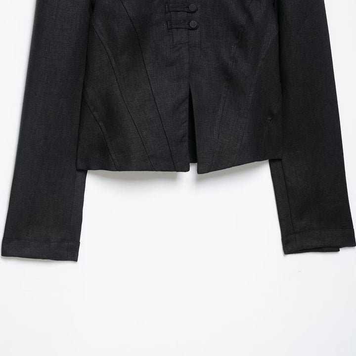 Ladies' short blazer in corset style with stand-up collar, decorative knot closure and tailored division Amarae