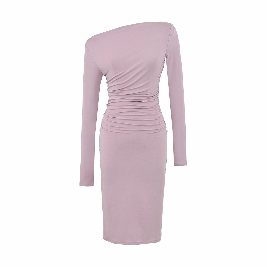Women's Asymmetric One-Shoulder Midi Dress with Gathering and Long Sleeve Amarae