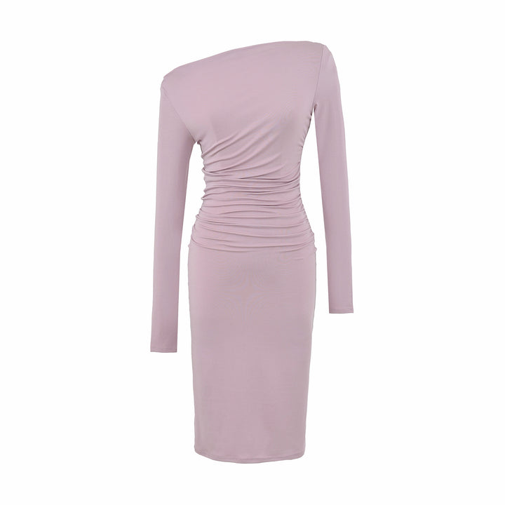 Women's Asymmetric One-Shoulder Midi Dress with Gathering and Long Sleeve Amarae