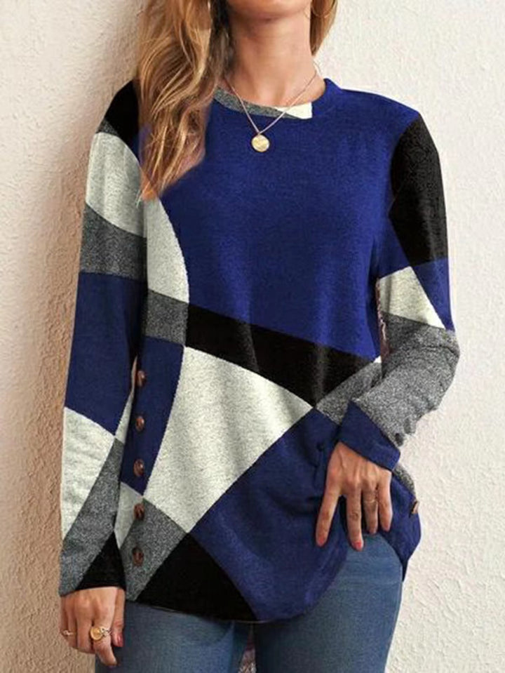 Women's fine knit sweater with geometric color block and decorative buttons Amarae