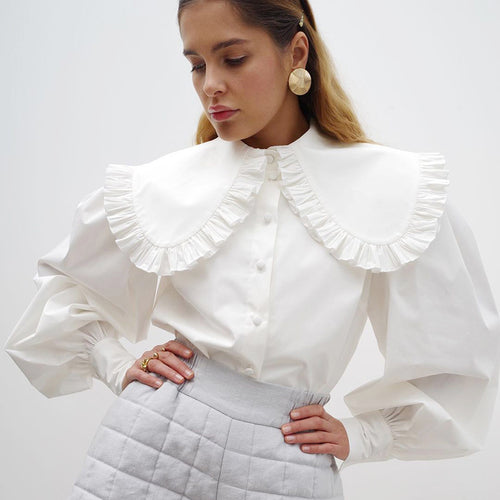 Women Elegant blouse with decorative frill collar and ruffled sleeves Amarae