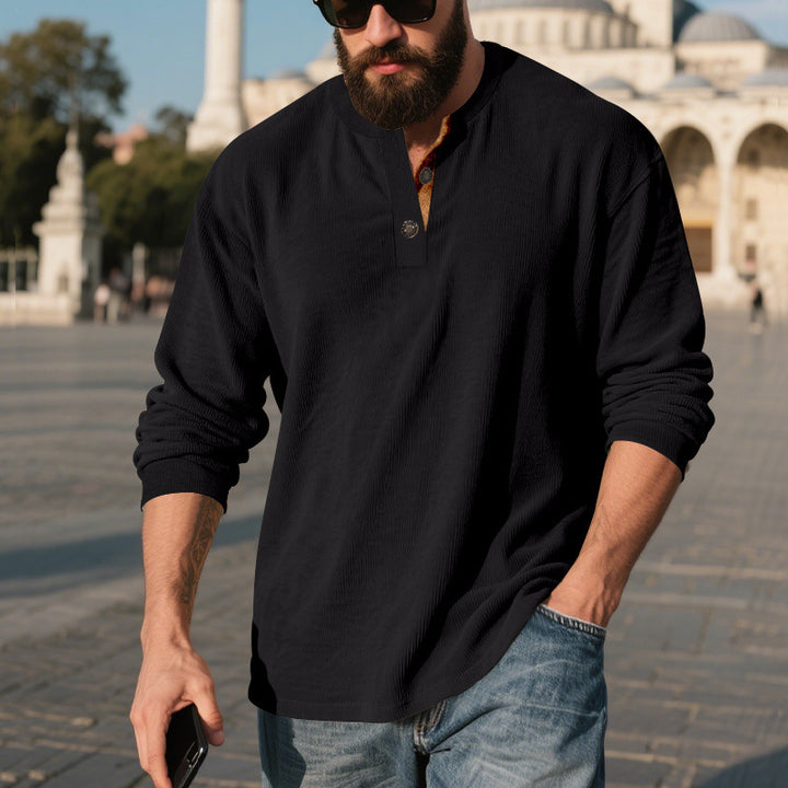 Men's long sleeve Henley shirt with textured fabric and trendy button details Lune London