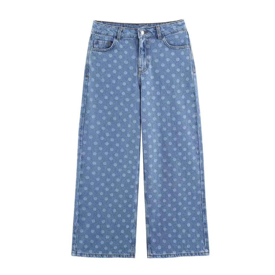 Women Short-Cut Wide-Leg Jeans with Polka Dot Pattern and High Waist Amarae