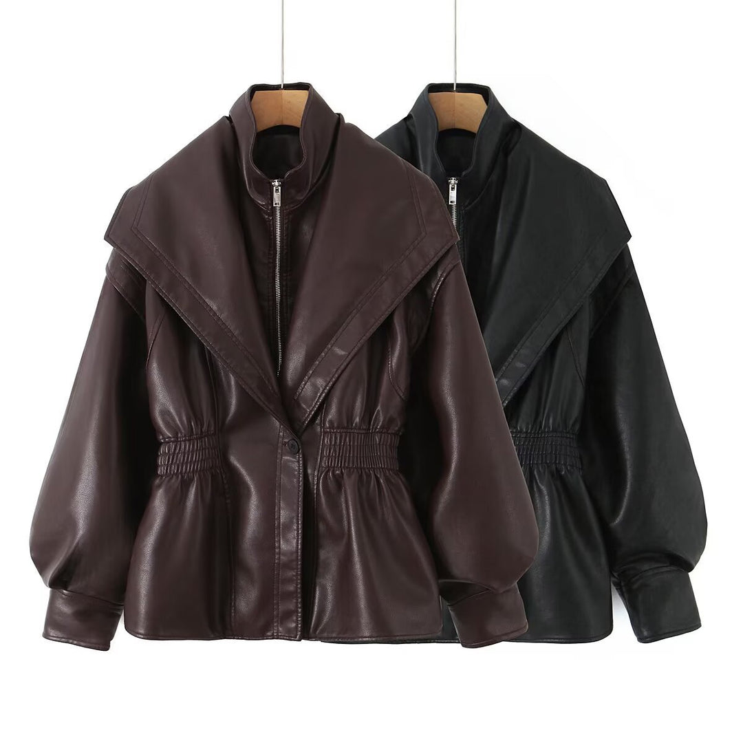 Faux leather jacket for women with asymmetrical collar and fitted cut Lune London