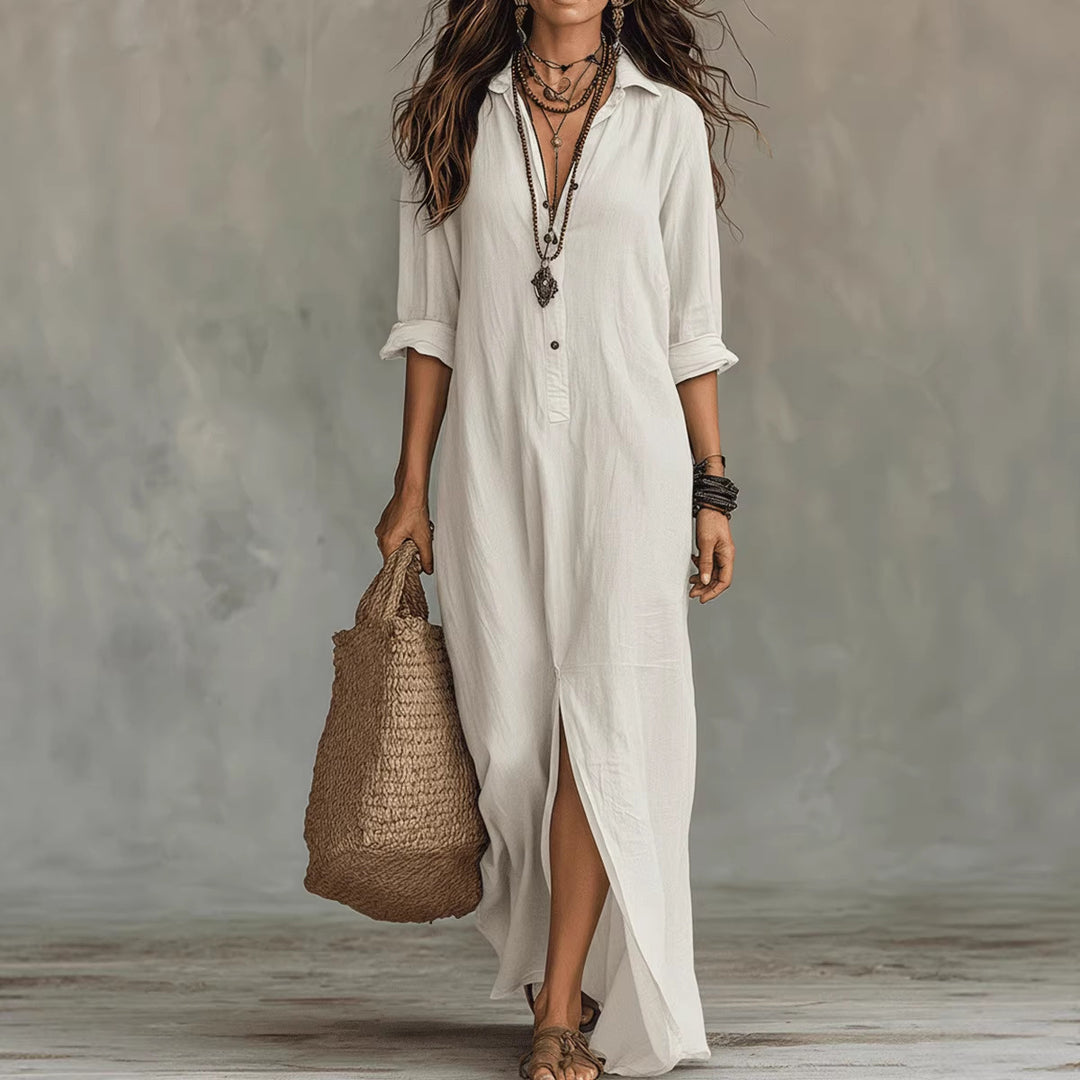 Women's Long Shirt Dress with Button Closure and Side Slit Lune London