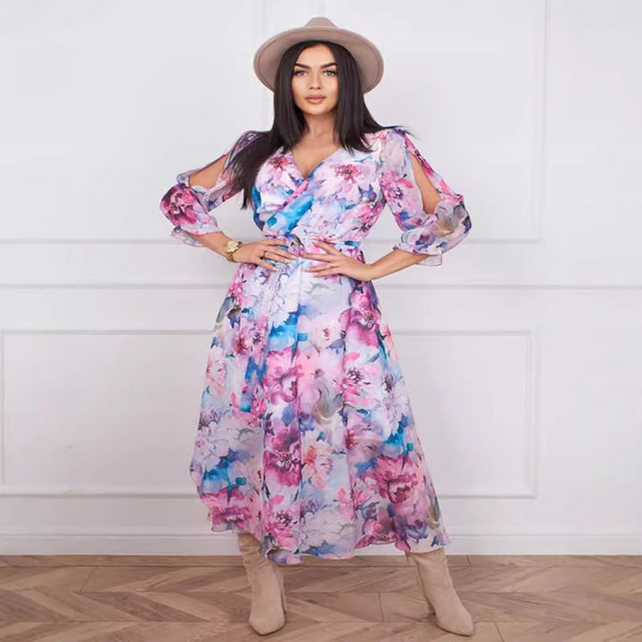 Ladies Maxi Long Dress with Floral Cut and Refined Sleeves Lune London