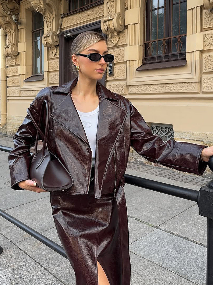 Women's Patent Leather Biker Jacket with Oversized Lapels, Boxy Cut & Visible Zipper Amarae