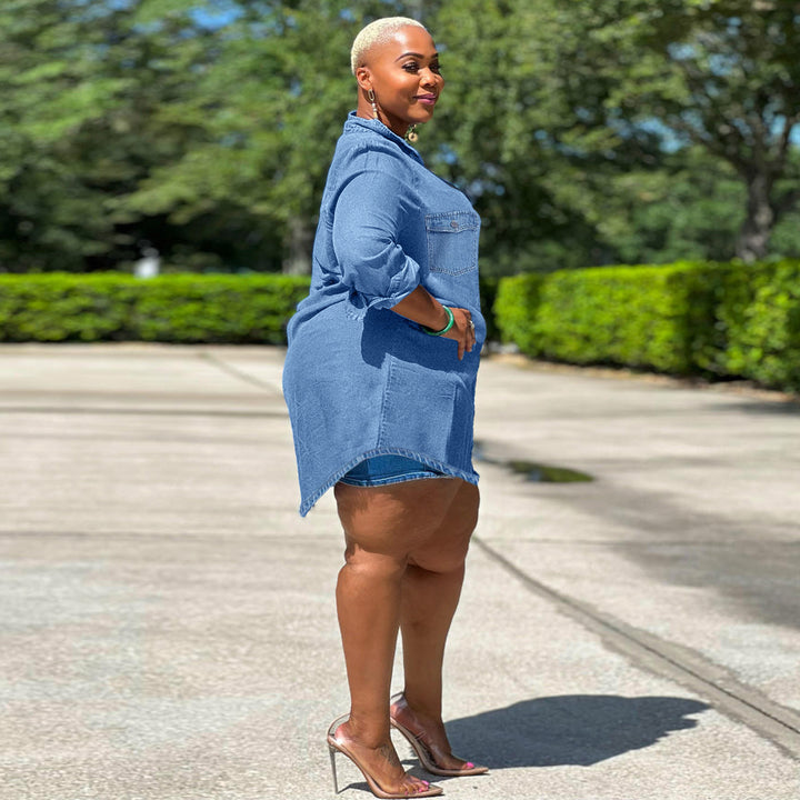 Ladies Oversized Denim Shirt Blouse in Longline Cut with Rolled Sleeves and Breast Pockets Amarae