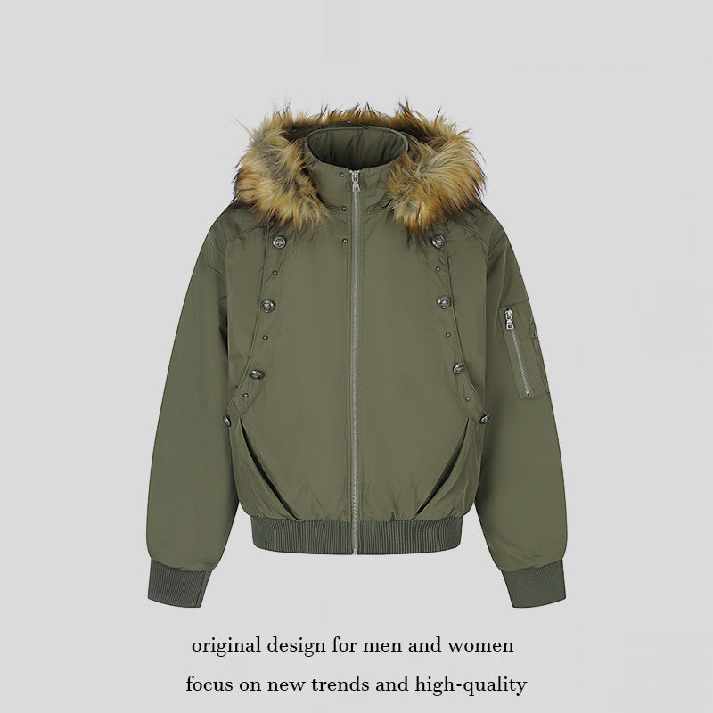 Women's short-cut bomber jacket with faux fur hood and eyelet application Amarae