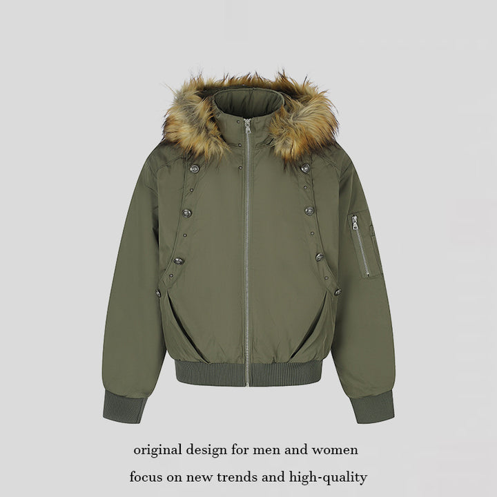 Women's short-cut bomber jacket with faux fur hood and eyelet application Amarae