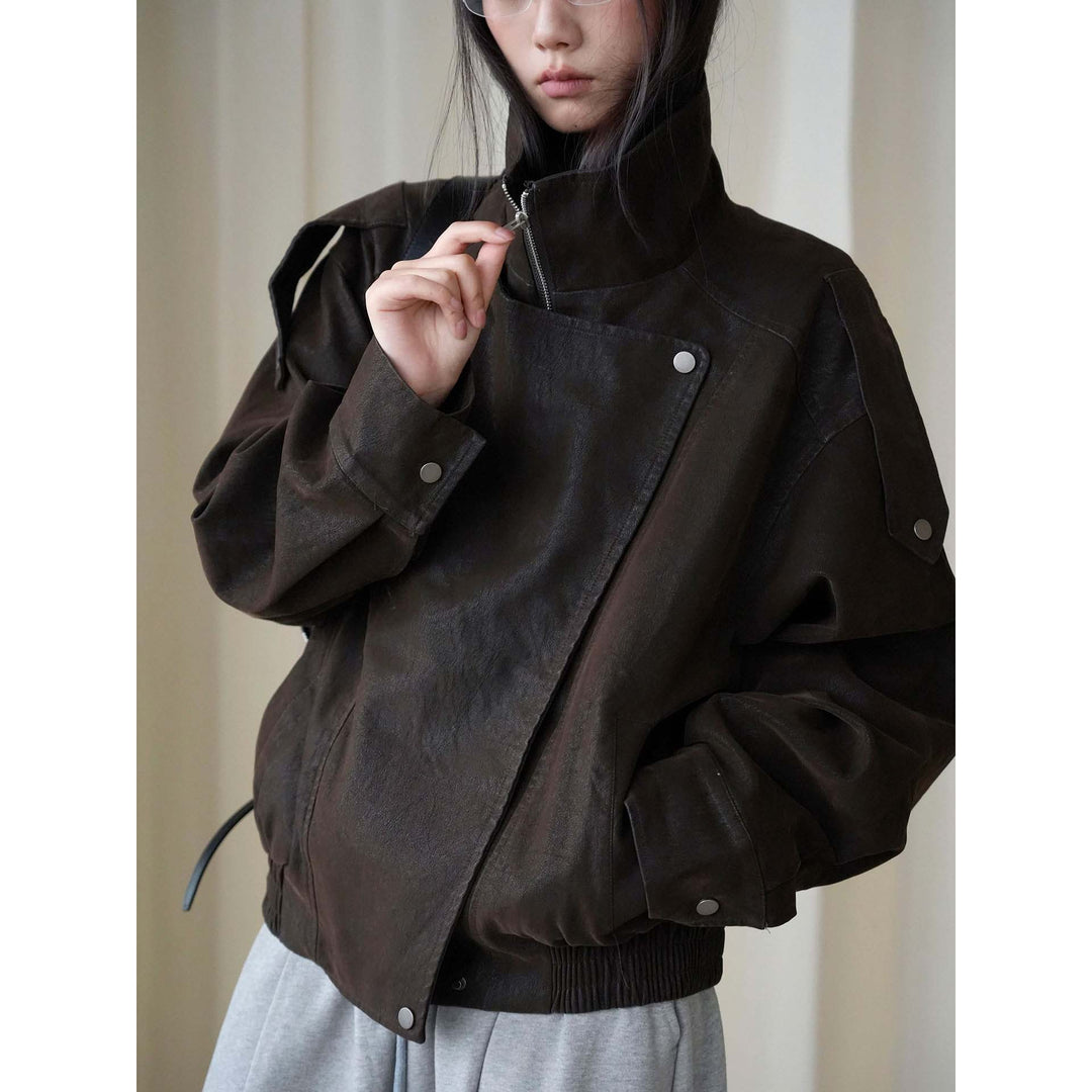 Women's Oversized Leather Jacket with High Collar and Asymmetrical Snap Placket Amarae
