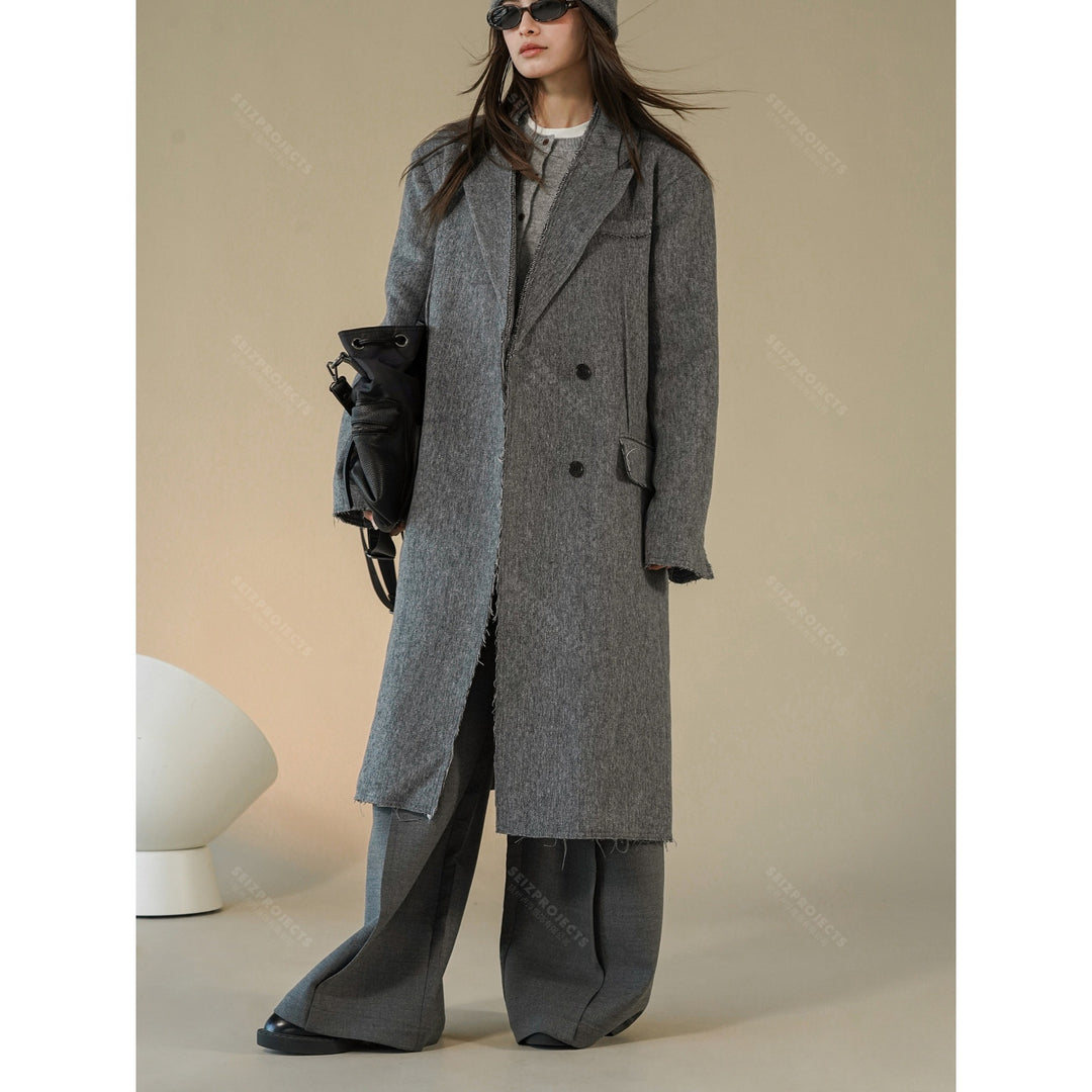 Women Boxy Long Coat made of Wool Blend with Frayed Edges and Double-Breasted Amarae