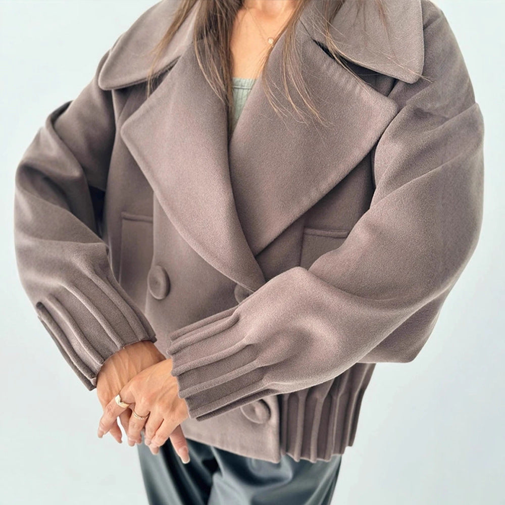 Women's Short Boxy Wool Coat with Oversized Shawl Collar, Double Button Placket and Ribbed Cuff Amarae