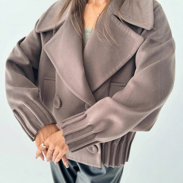 Women's Short Boxy Wool Coat with Oversized Shawl Collar, Double Button Placket and Ribbed Cuff Amarae
