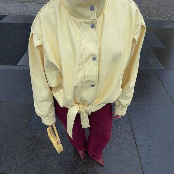 Women's Short Tailored Jacket with Stand Collar, Puff Sleeves and Tie Belt Amarae