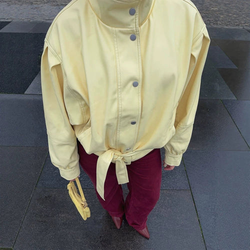 Women's Short Tailored Jacket with Stand Collar, Puff Sleeves and Tie Belt Amarae