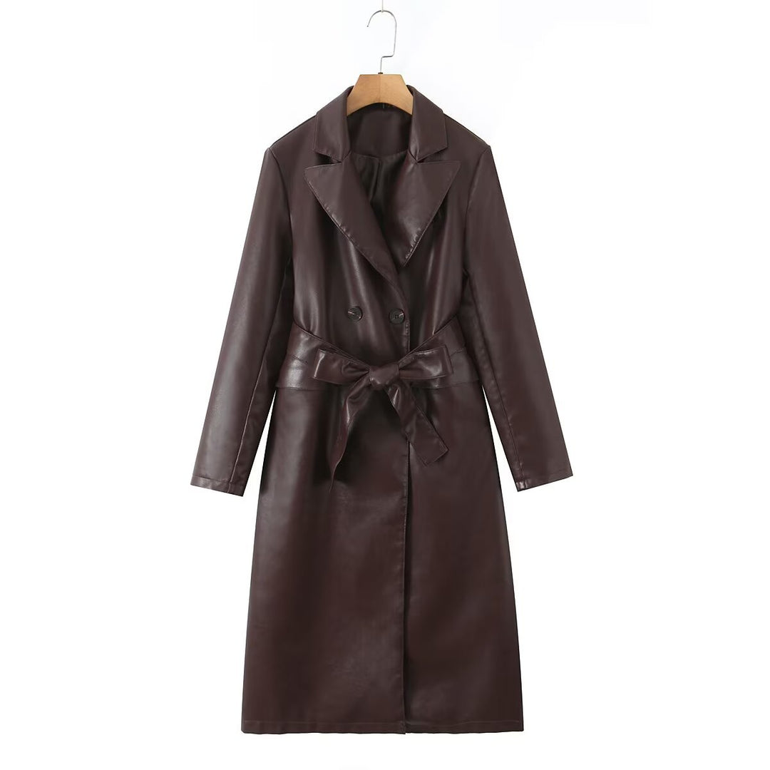 Synthetic leather trench coat for women with a waist belt and stylish pocket seams Lune London