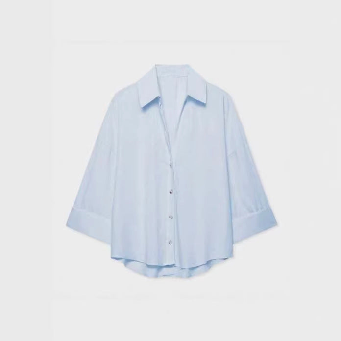 Women's Lightweight Oversized Linen Look Blouse with Three-Quarter Sleeves and Full Button Placket Amarae
