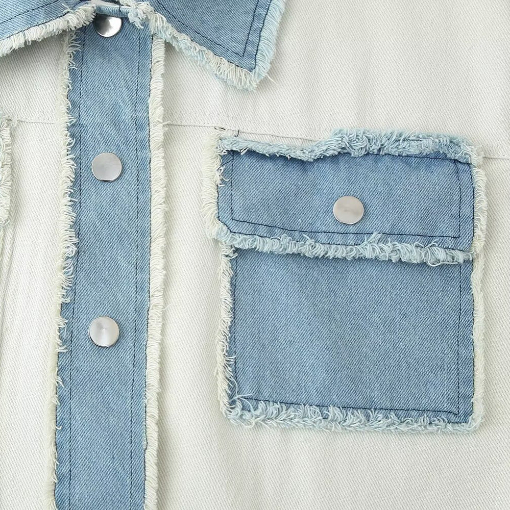 Cropped denim jacket for women with contrasting pockets and frayed hem Lune London