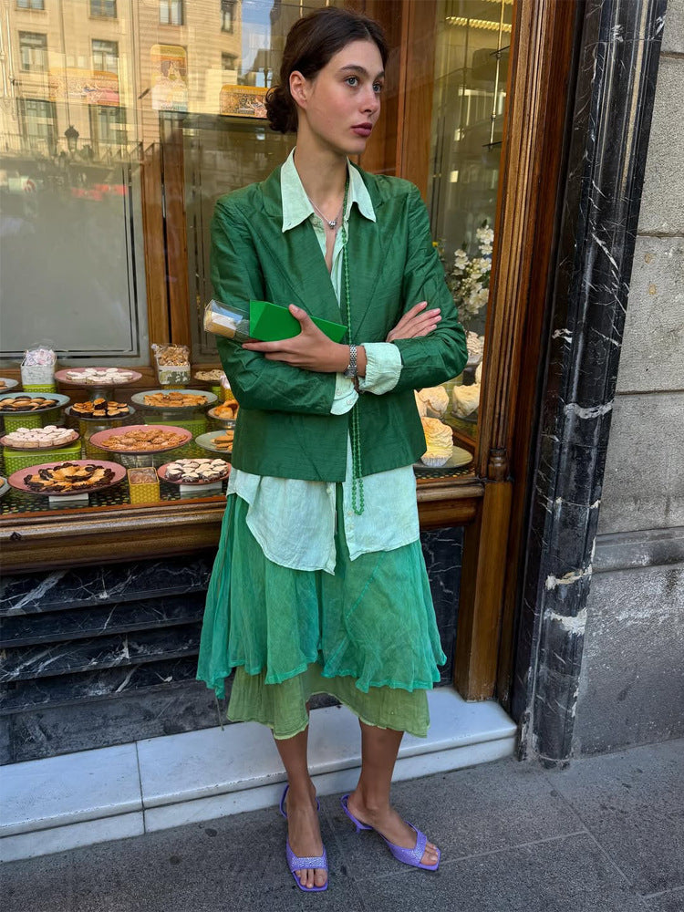 Women's Complete Outfit Short Blazer, Linen Blouse and Layered Midi Skirt Amarae