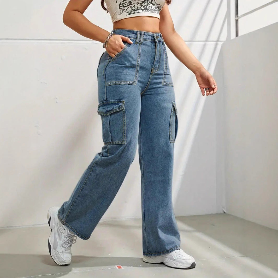Women high-waisted wide cargo jeans with patch pockets and straight leg Amarae