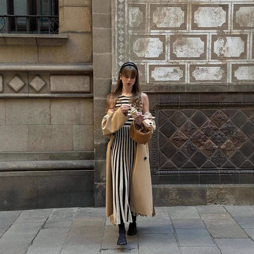 Maxi dress for women with an asymmetrical stripe pattern and elegant ruffle trim Amarae