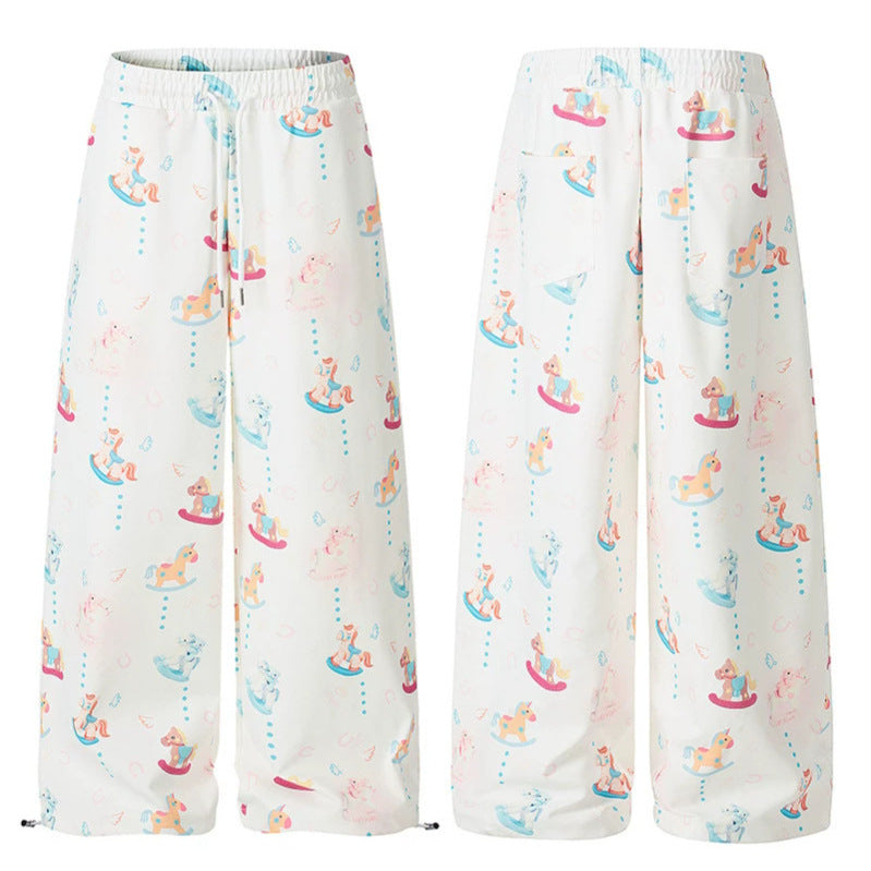 Women's Wide Palazzo Lounge Pants with Comfortable Waistband, Drawstring and Playful Rocking Horse Print Amarae