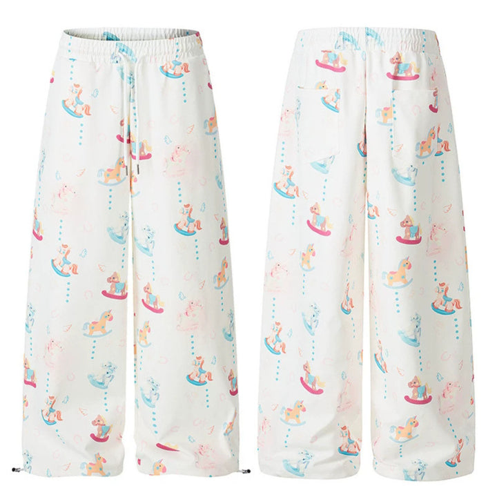 Women's Wide Palazzo Lounge Pants with Comfortable Waistband, Drawstring and Playful Rocking Horse Print Amarae